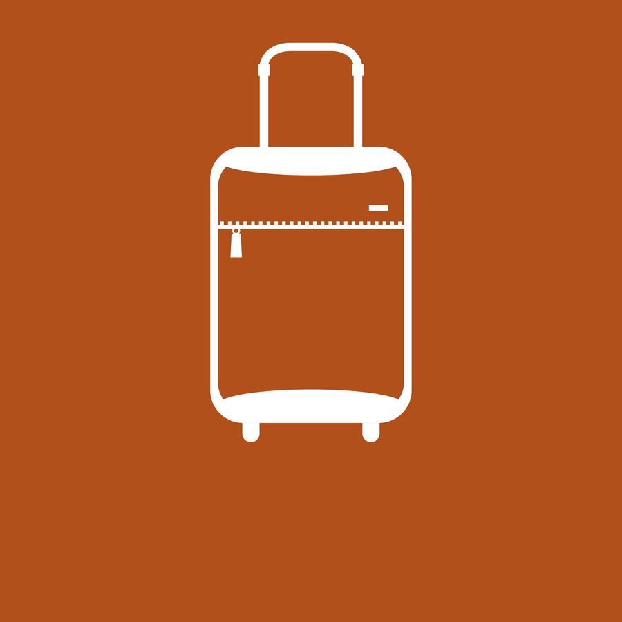 The image shows a white icon of a single upright wheeled suitcase on a solid burnt orange background. The suitcase has an extended telescopic handle and a visible zipper across the upper portion, complete with a zipper pull tab. The minimalist design suggests travel or luggage-related functionality.